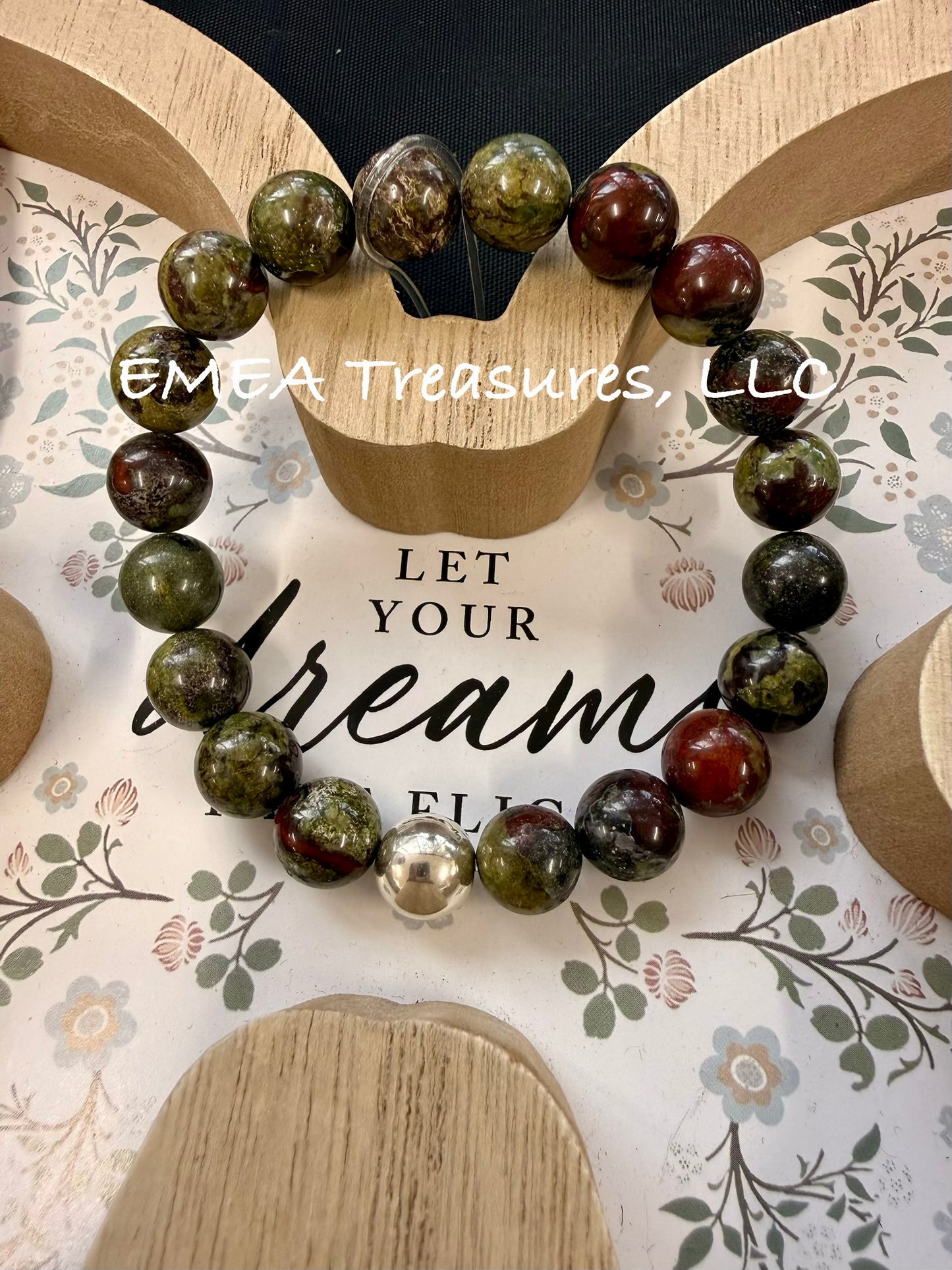 A - EMEA Treasures Handmade 10mm African Bloodstone Stretch Bracelet with Sterling Silver Spacer