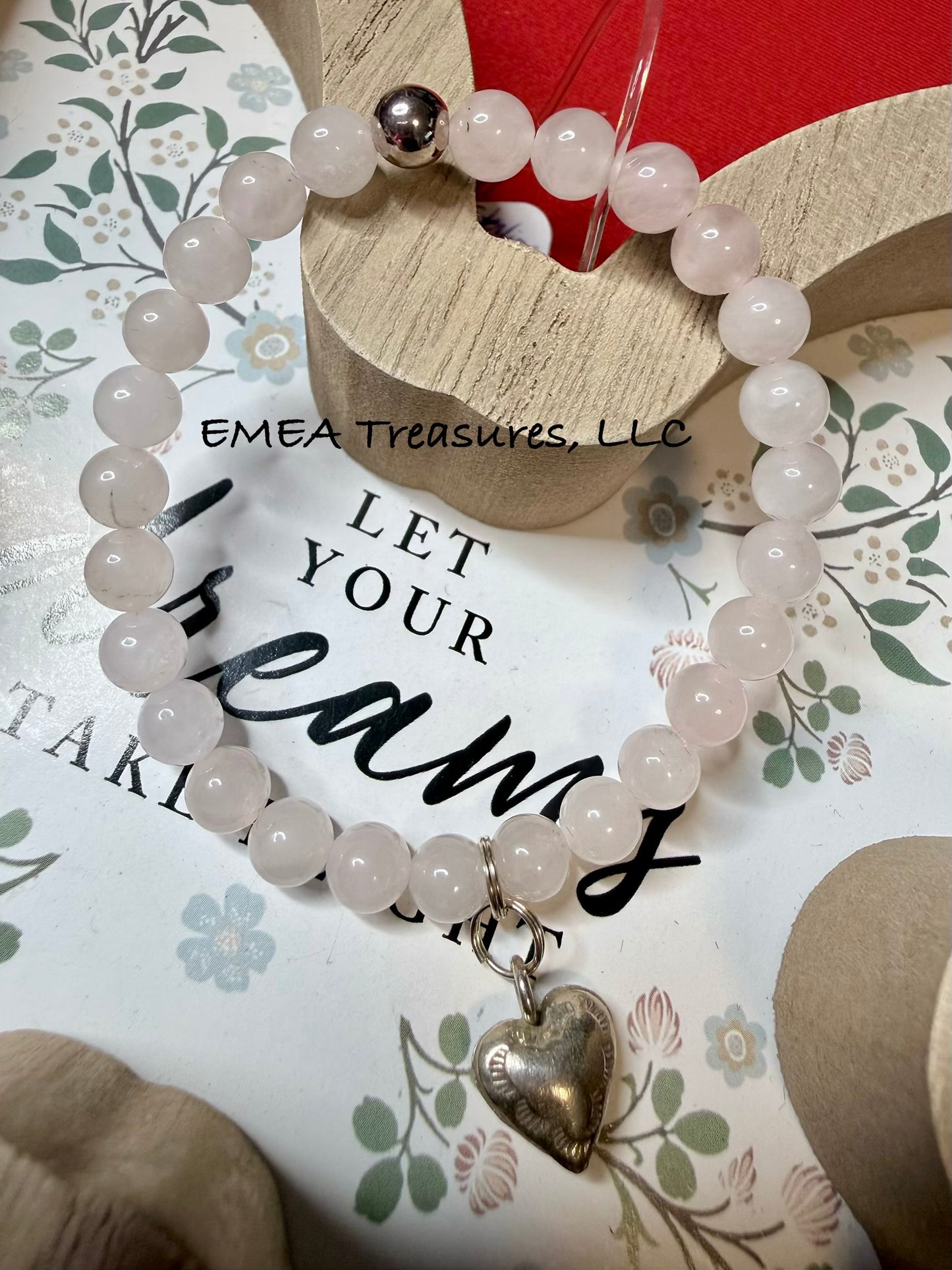 A - EMEA Treasures Handmade 6mm Rose Quartz Stones Stretch Bracelet with Sterling Silver Spacer and Sterling Silver Heart