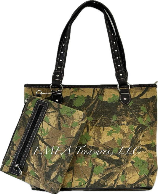 Montana West Camo Print Canvas Tote with Clutch - Coffee