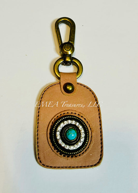 RYS-242B Montana West Real Leather Turquoise Stone Concho Key Chain 1Pcs - Brown