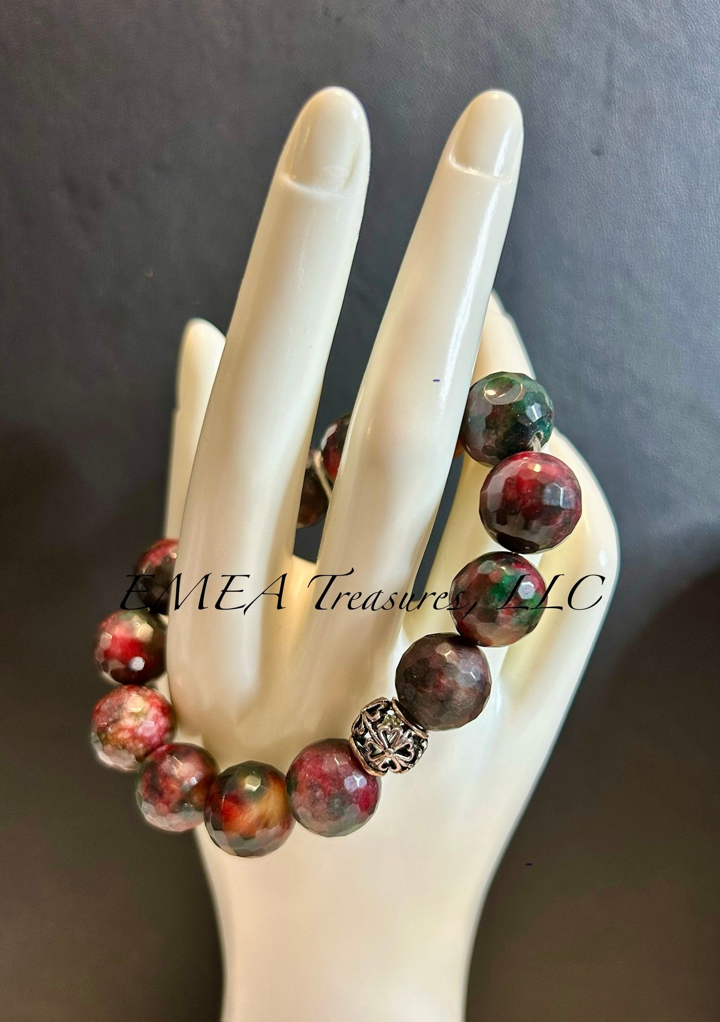 A - Handmade 14mm Agate Stone Stretch Bracelet with Sterling Silver Spacer