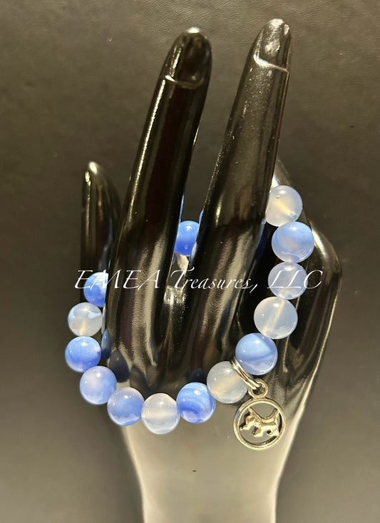 Handmade Agate Stone Stretch Bracelet with Silver-tone Dog Charm
