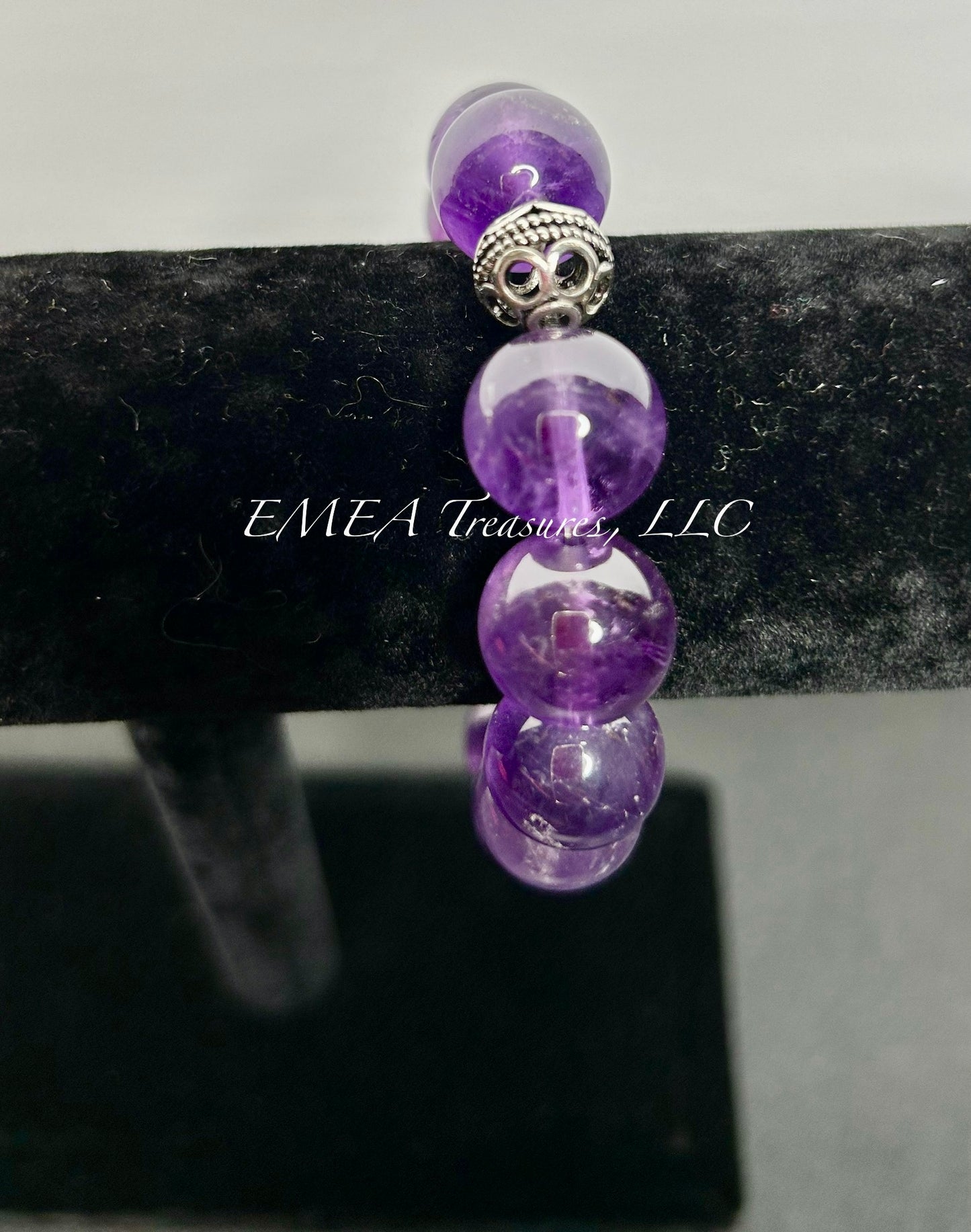 A - Handmade 14mm Amethyst Stones Stretch Bracelet with Sterling Silver Spacer