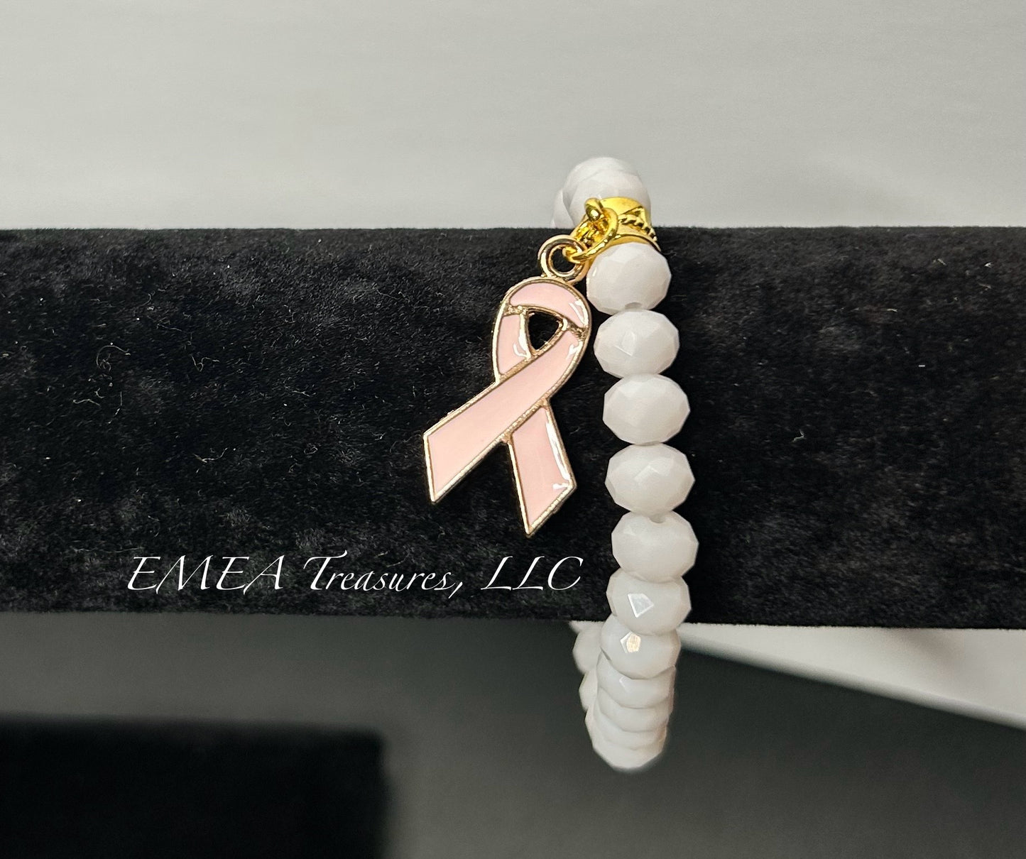 A - Handmade 8mm Crystal Beads Stretch Bracelet with Gold-tone Cancer Awareness Charm