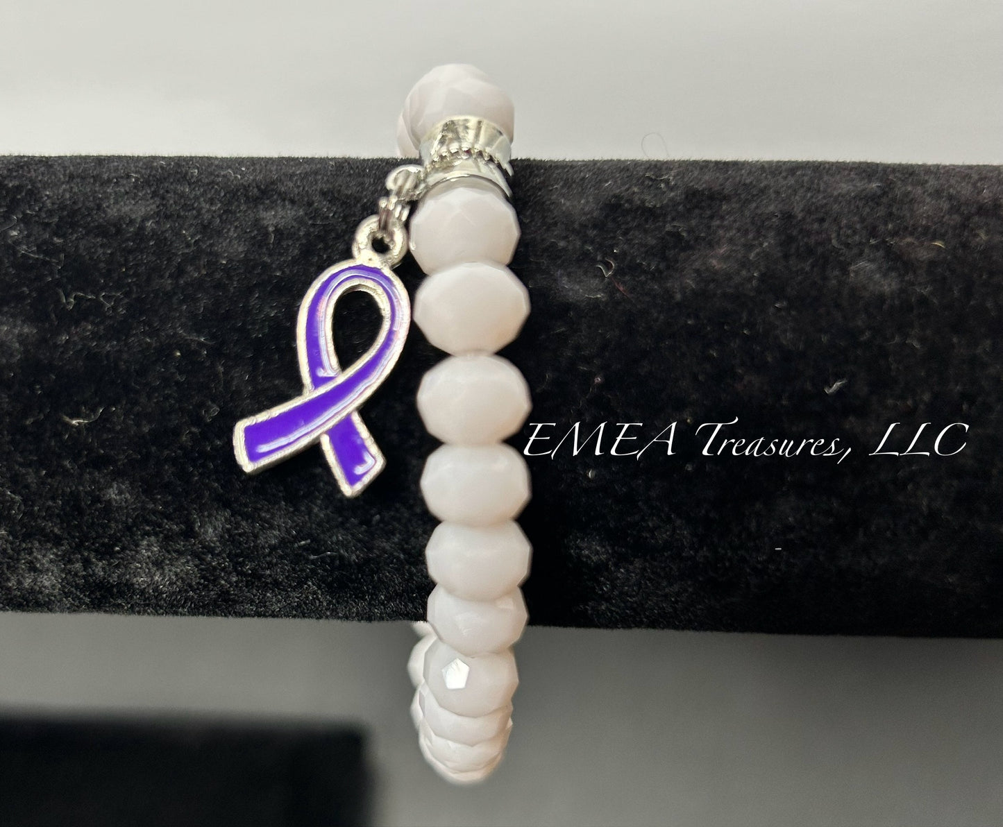 A - Handmade Crystal Beads Stretch Bracelet with Silver-tone Cancer Awareness Charm