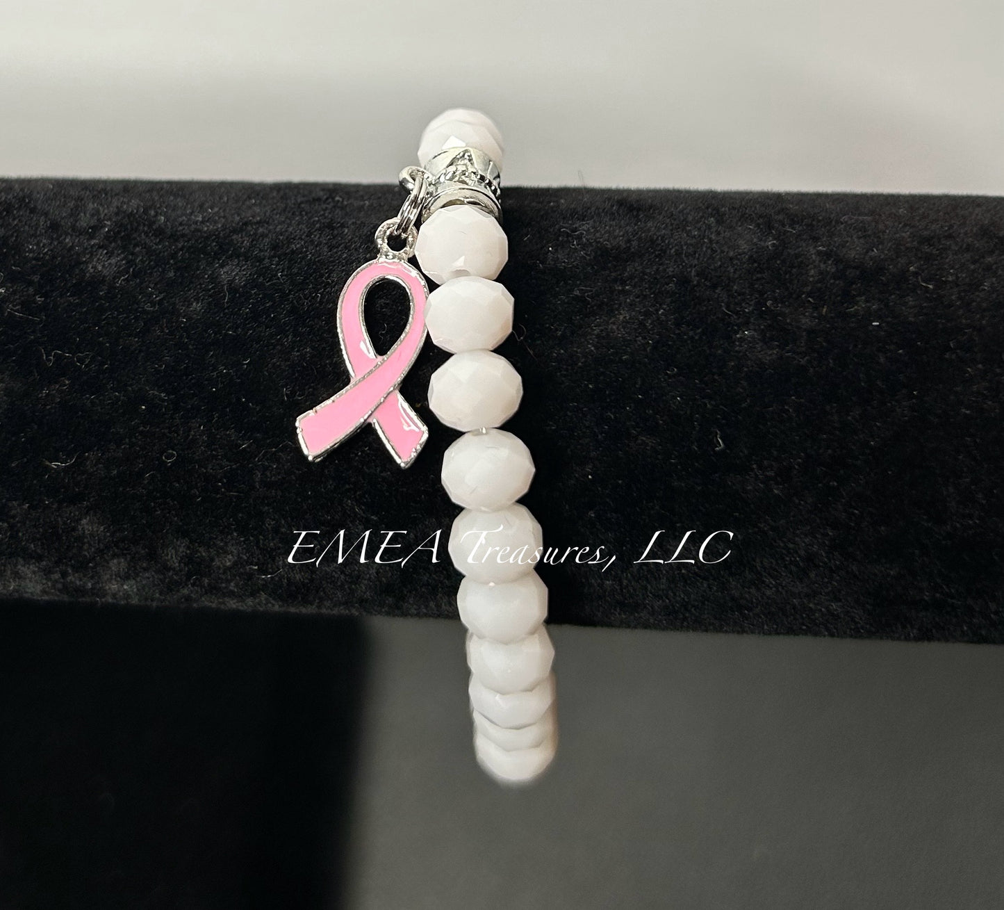 A - Handmade 8mm Crystal Beads Stretch Bracelet with Silver-tone Cancer Awareness Charm