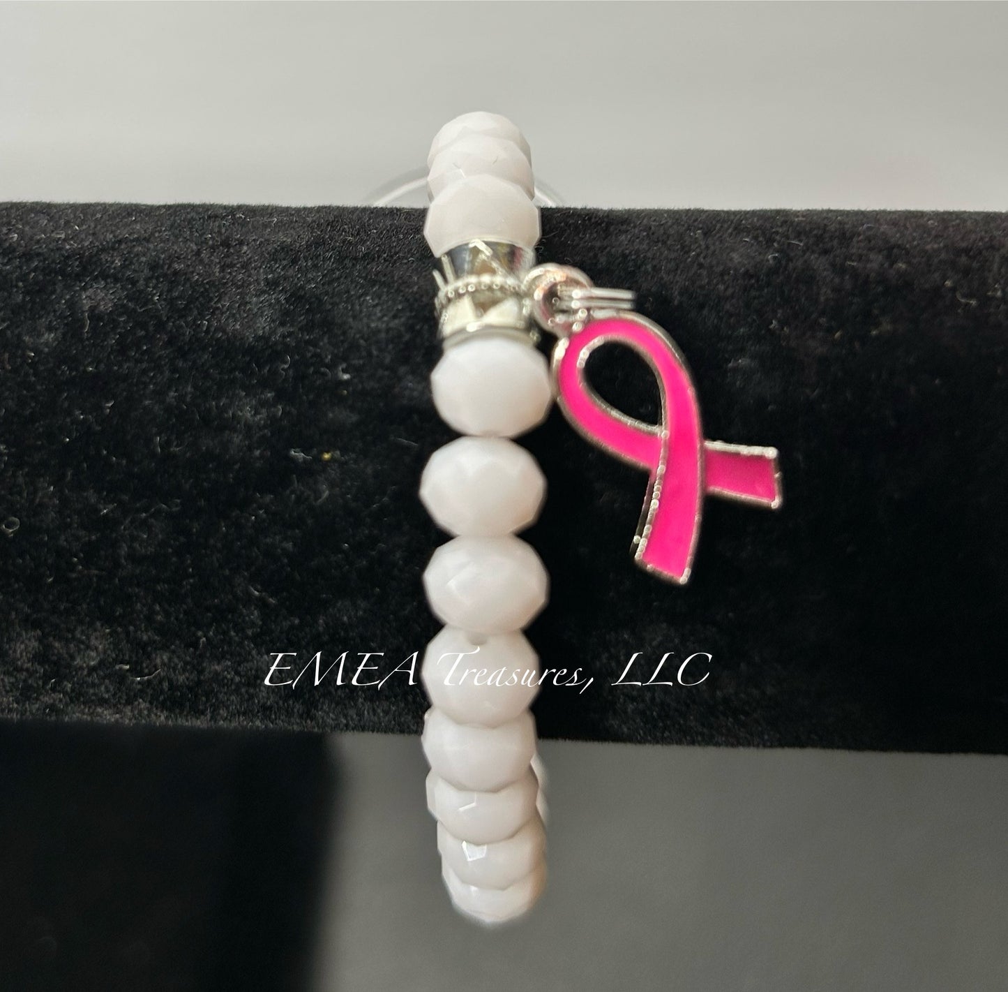 A - Handmade 8mm Crystal Beads Stretch Bracelet with Silver-tone Cancer Awareness Charm