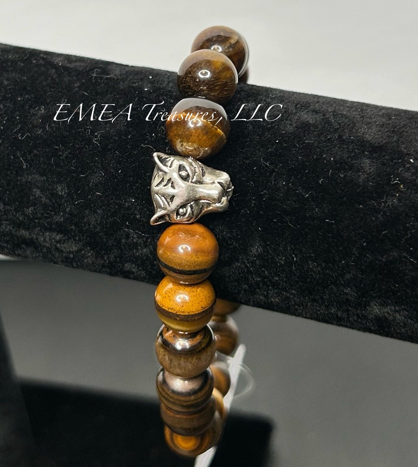 A - Handmade 10mm Tiger Eye Stones Stretch Bracelet with Silver-tone Spacer