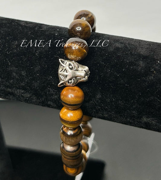 A - Handmade 10mm Tiger Eye Stones Stretch Bracelet with Silver-tone Spacer