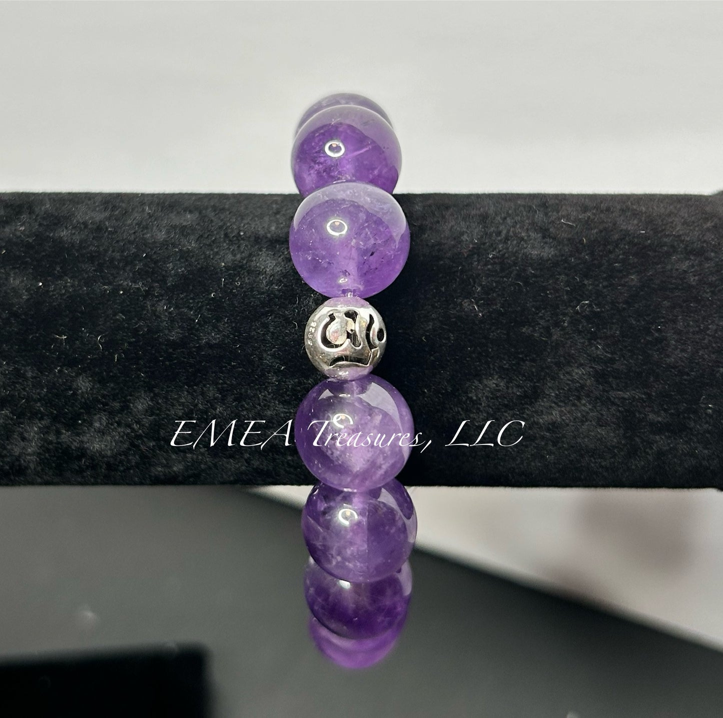 A - Handmade 14mm Amethyst Stones Stretch Bracelet with Sterling Silver Spacer