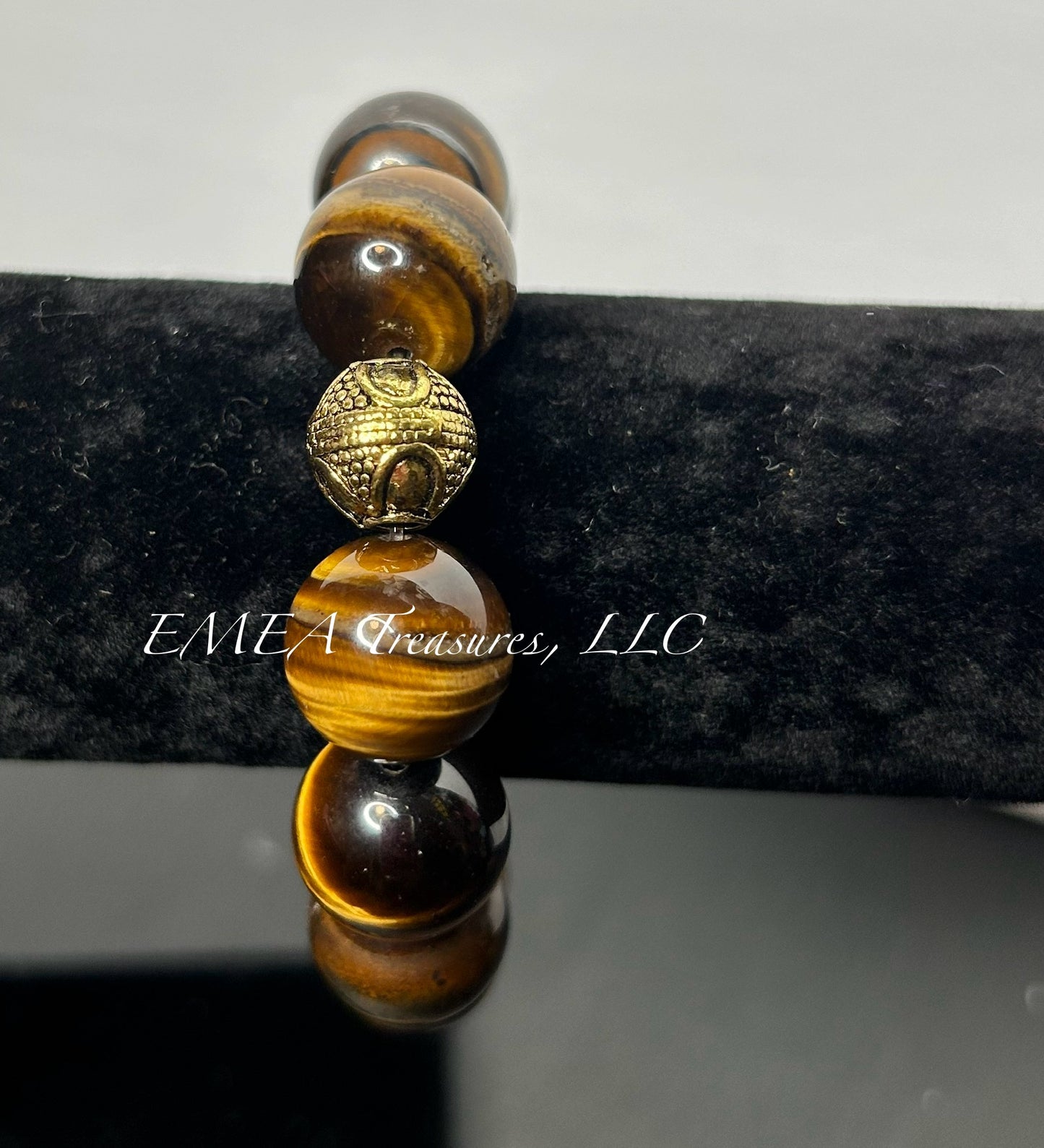 A - Handmade 16mm Tiger Eye Stones Stretch Bracelet with Gold-tone Spacer