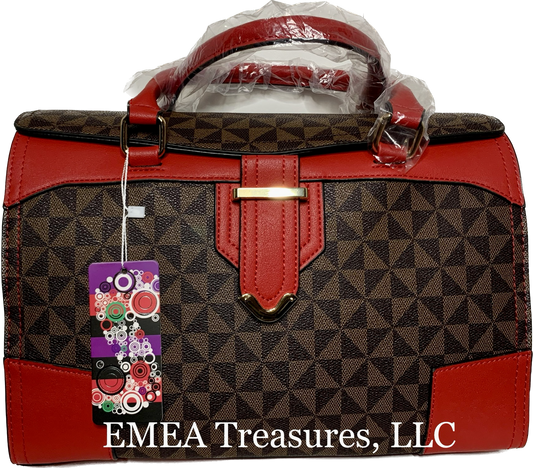 Fashion Geometric Duffle Style Handbag - Brn/Red Trim