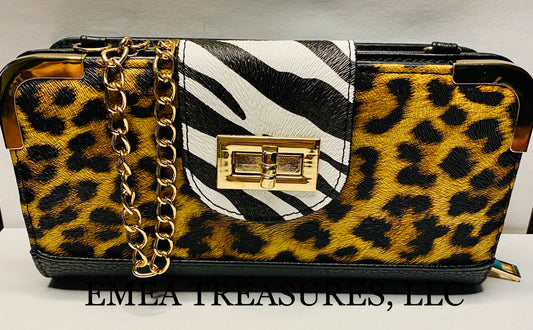 Fashion Leopard with Zebra Accent Crossbody Wallet - Black