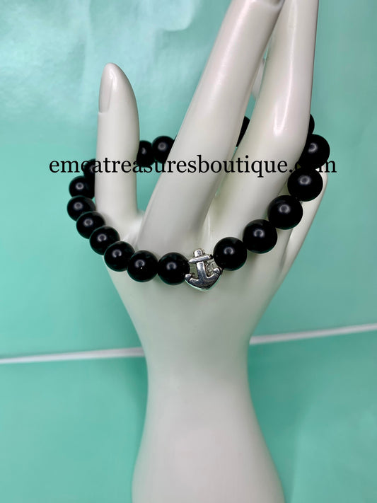 A - Handmade 10mm Agate Stone Stretch Bracelet with Silvertone Anchor  Accent - Black Matte