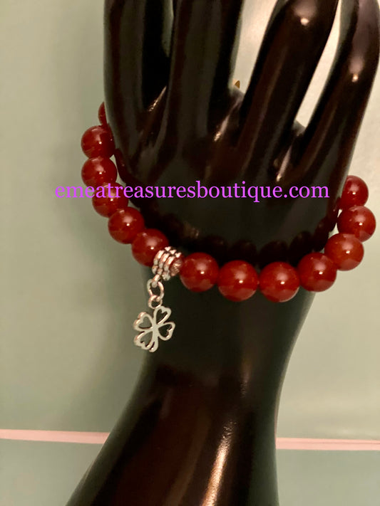 A - Handmade 10mm Agate Stone Stretch Bracelet with Silver-tone 4 Leaf Clover Charm