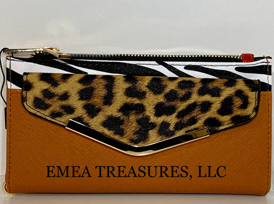 Fashion Leopard / Zebra Color-block Wallet Wristlet  - Tan