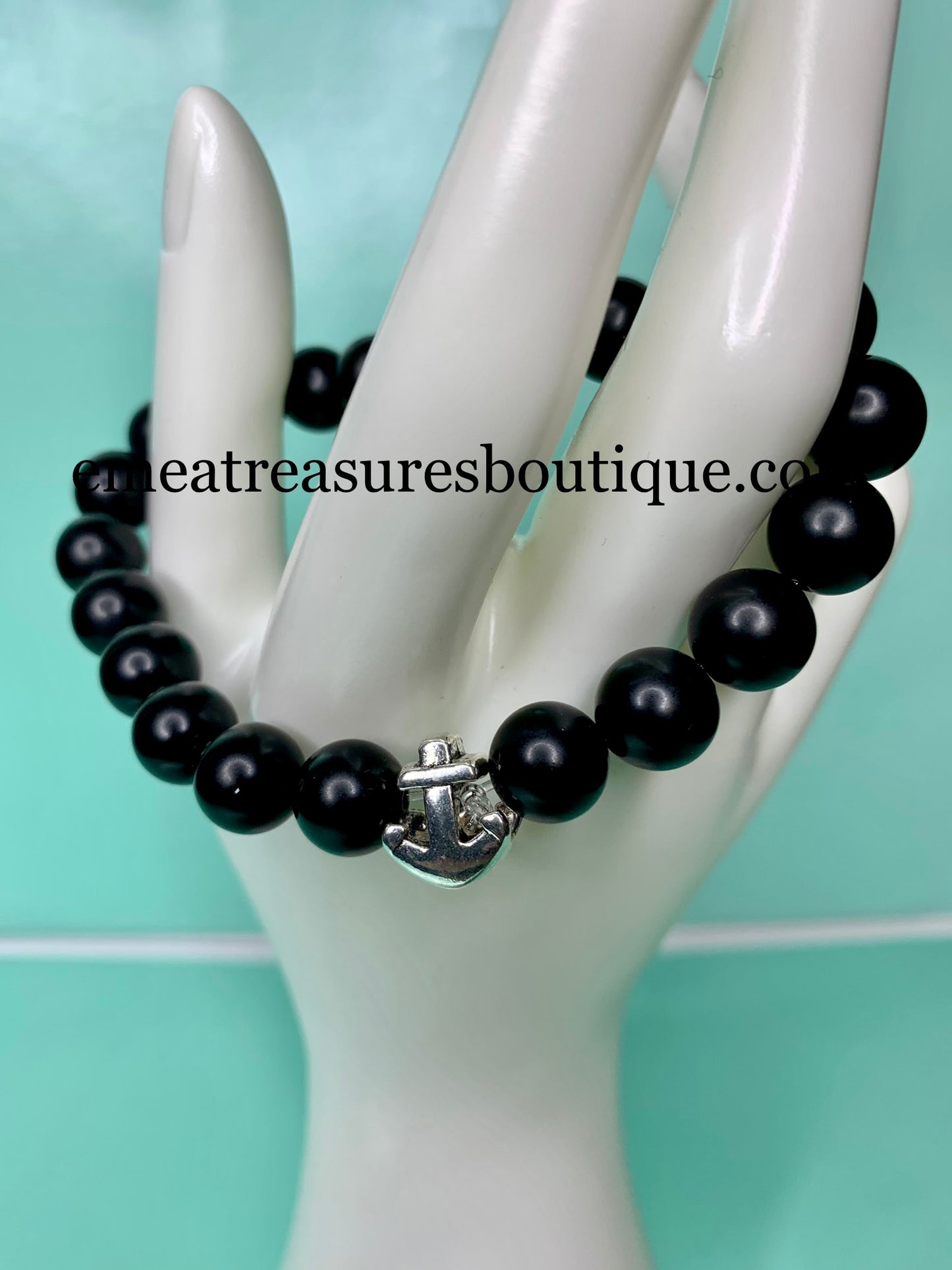 A - Handmade 10mm Agate Stone Stretch Bracelet with Silvertone Anchor  Accent - Black Matte