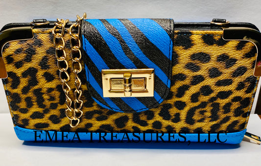 Fashion Leopard with Zebra Accent Crossbody Wallet - Blue