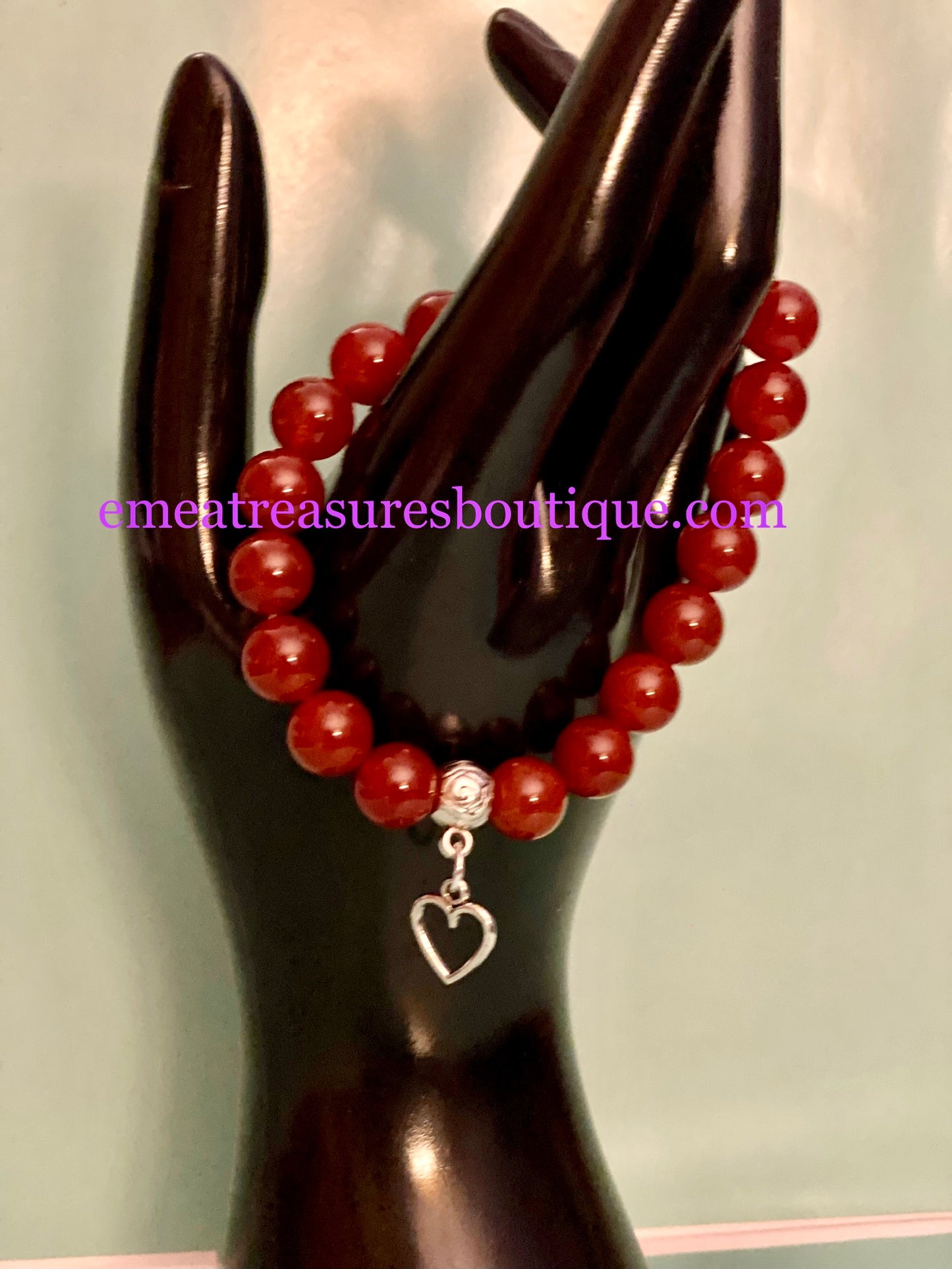 A - Handmade 10mm Agate Stone Stretch Bracelet with Silver-tone Open Heart Charm