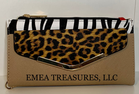 Fashion Leopard / Zebra Color-block Wallet Wristlet - Light Taupe