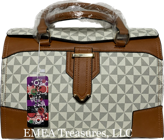 Fashion Geometric Duffle Style Handbag - Beige/Brown Trim